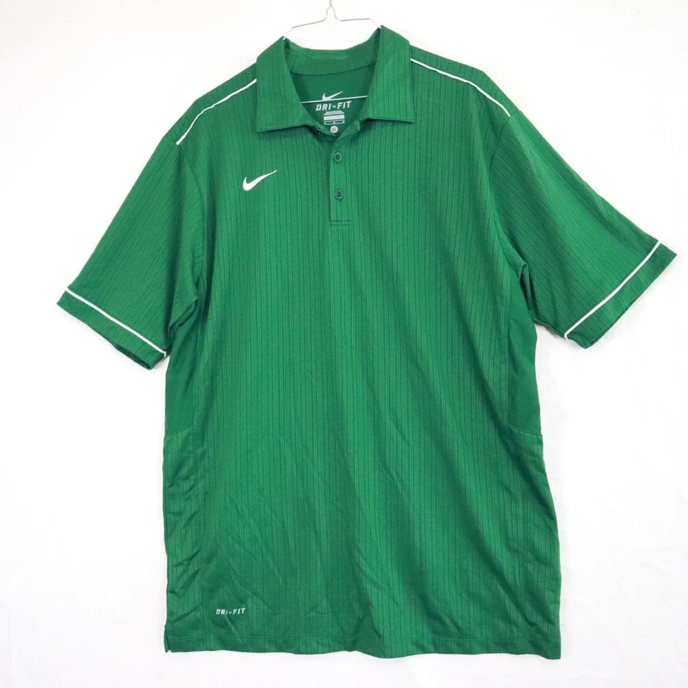 Nike Polo Shirt‎ Mens Medium Dri-Fit Performance Golf Green Striped Short Sleeve